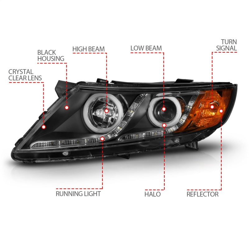 ANZO 2011-2013 Kia Optima Projector Headlights w/ Halo Black (CCFL) - Burkken Auto Parts