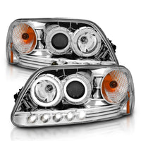 ANZO 1997.5-2003 Ford F-150 Projector Headlights w/ Halo and LED Chrome 1pc - Burkken Auto Parts