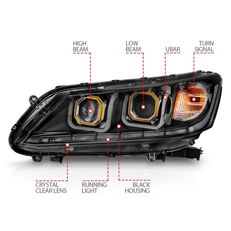 ANZO 2013-2015 Honda Accord Projector Headlights w/ U-Bar Black - Burkken Auto Parts