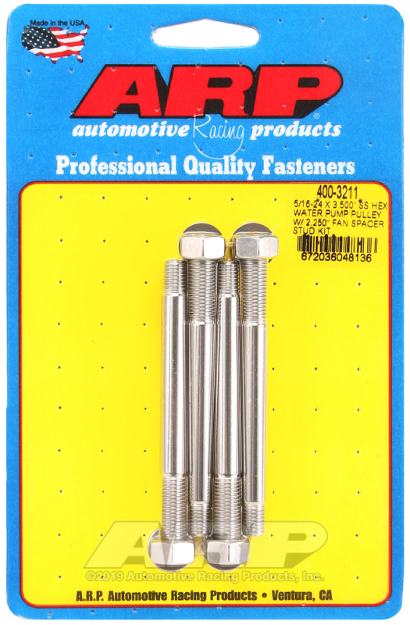 ARP 5/16-24 X 3.500 SS Hex Water Pump Pulley w/ 2.250in Fan Spacer Stud Kit - Burkken Auto Parts