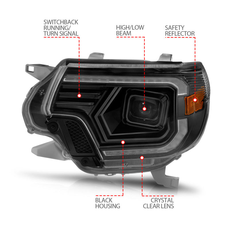 ANZO 12-15 Toyota Tacoma Projector Headlights - w/ Light Bar Switchback Black Housing - Burkken Auto Parts