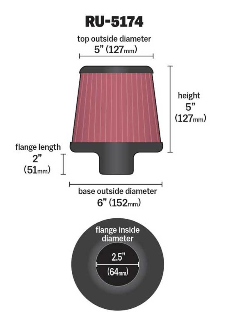 K&N Universal Rubber Filter-Round Tapered 2.5in Flange ID x 6in Base OD x 5in Top OD x 5in Height - Burkken Auto Parts