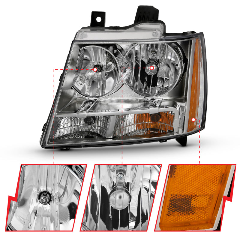 ANZO 2007-2014 Chevy Tahoe Crystal Headlight Chrome Amber(OE) - Burkken Auto Parts