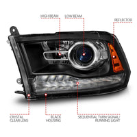 ANZO 09-18 Dodge Ram 1500/2500/3500 LED Plank Style Headlights Switchback + Sequential - Matte Black - Burkken Auto Parts