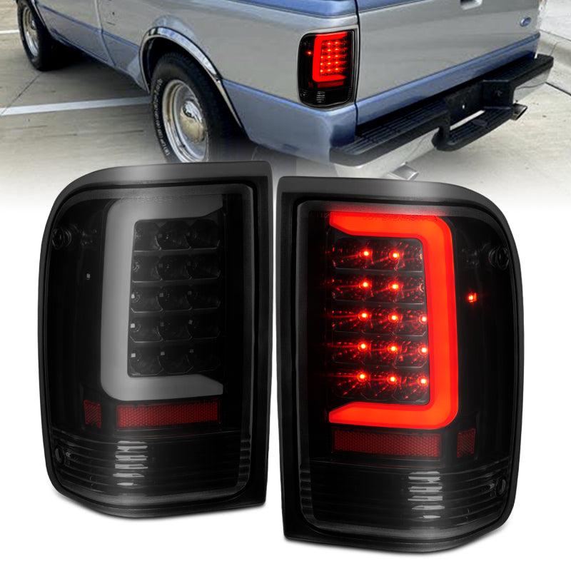 ANZO 1993-1997 Ford  Ranger LED Tail Lights w/ Light Bar Black Housing Smoked Lens - Burkken Auto Parts