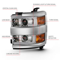 ANZO 2015-2016 Chevrolet Silverado Projector Headlights w/ Plank Style Design Chrome w/ Amber - Burkken Auto Parts
