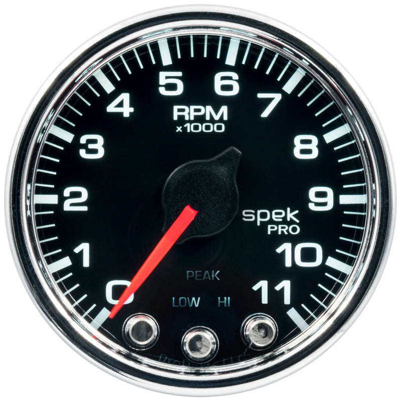 Autometer Spek-Pro Gauge Tach 2 1/16in 11K Rpm W/ Shift Light & Peak Mem Blk/Chrm - Burkken Auto Parts