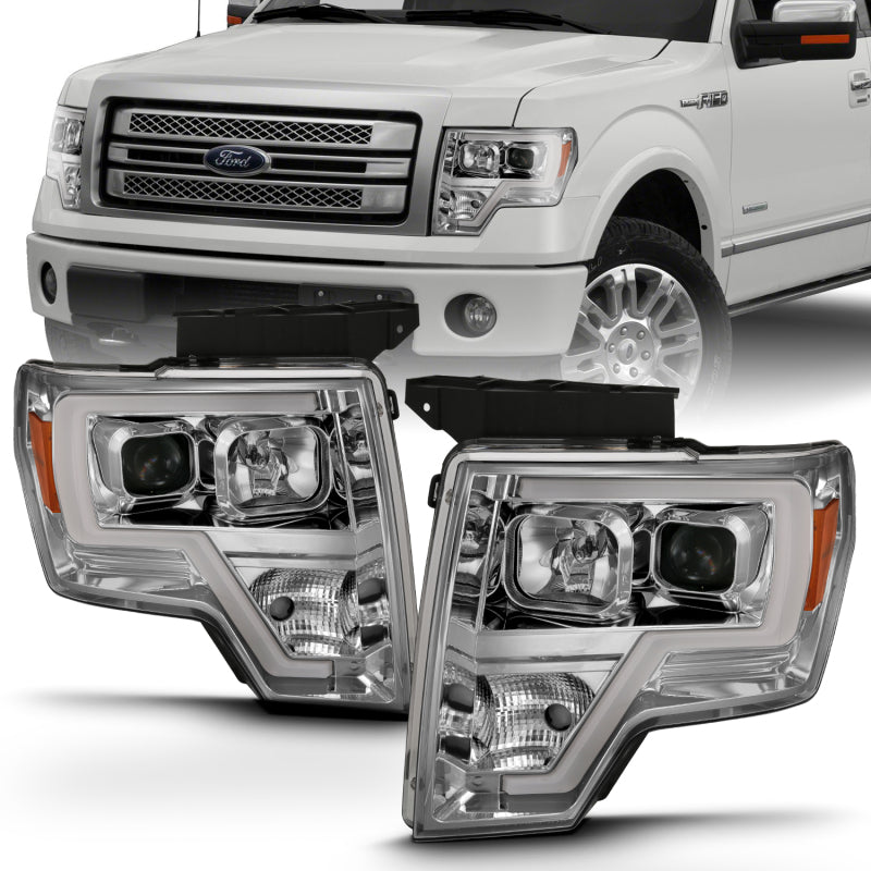 ANZO 2009-2014 Ford F-150 Projector Headlight Plank Style Chrome Amber - Burkken Auto Parts