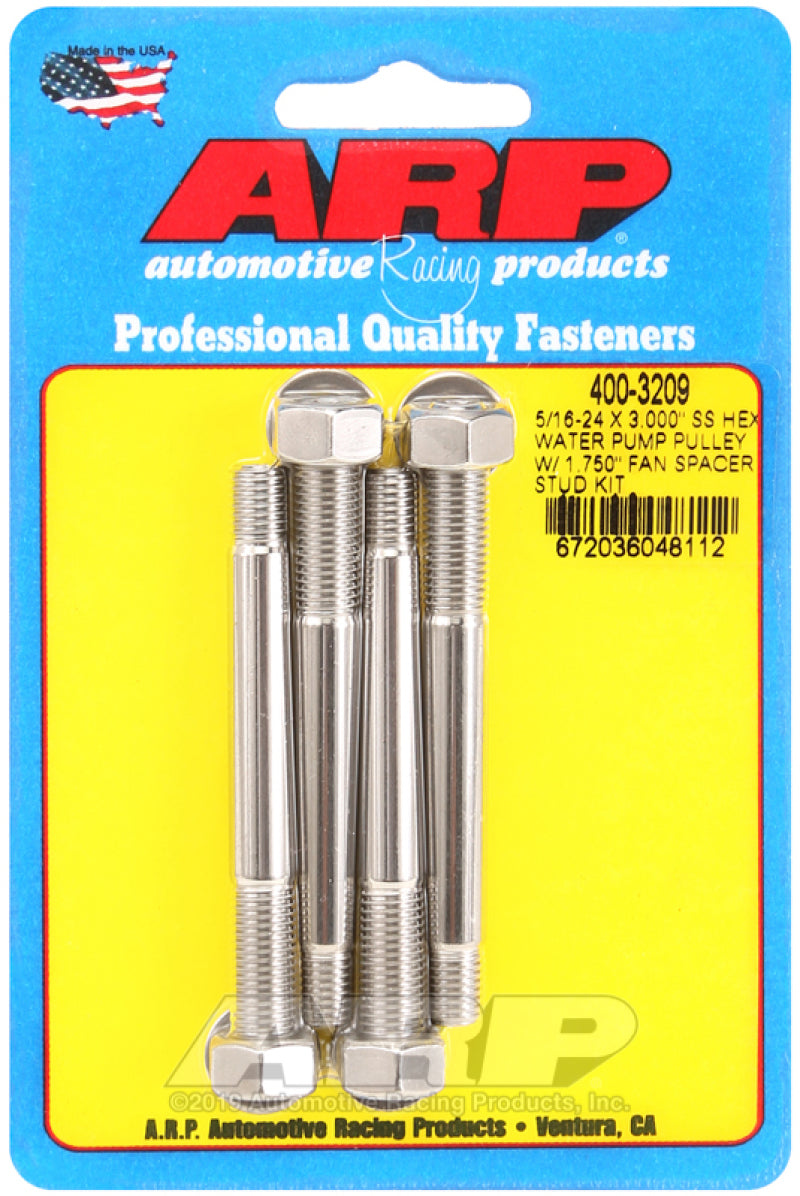 ARP 5/16-24 X 3.000 SS Hex Water Pump Pulley w/ 1.750in Fan Spacer Stud Kit - Burkken Auto Parts