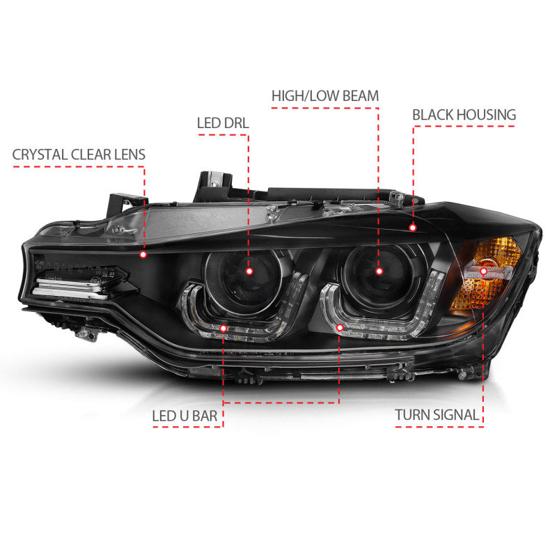 ANZO 2012-2015 BMW 3 Series Projector Headlights w/ U-Bar Black - Burkken Auto Parts