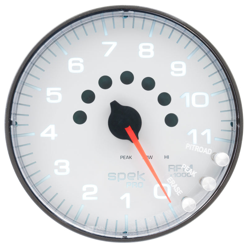 Autometer Spek-Pro Gauge Tachometer 5in 11K Rpm W/Shift Light & Peak Mem White/Black - Burkken Auto Parts