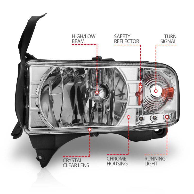 ANZO 1994-2001 Dodge Ram Crystal Headlights Chrome w/ LED - Burkken Auto Parts