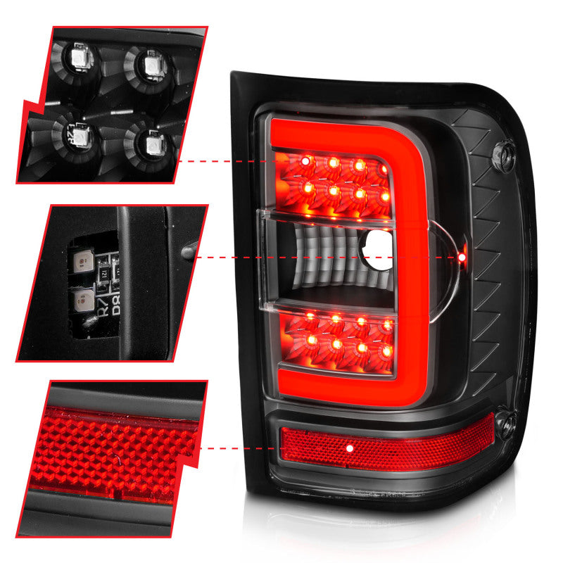 ANZO 2001-2011 Ford  Ranger LED Tail Lights w/ Light Bar Black Housing Clear Lens - Burkken Auto Parts