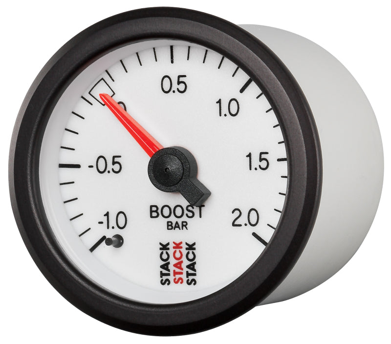 Autometer Stack 52mm -1 to +2 Bar T-Fitting 0.187in Barb (M) Mechanical Boost Pressure Gauge - White - Burkken Auto Parts