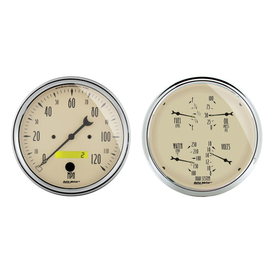 Autometer 5 inch Antique Beige 2 Piece Gauge Kit - Quad & Speedometer - Burkken Auto Parts