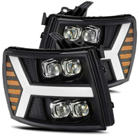 AlphaRex 07-13 Chevy 1500HD NOVA LED Proj Headlights Plank Style Matte Blk w/Activ Light/Seq Signal - Burkken Auto Parts