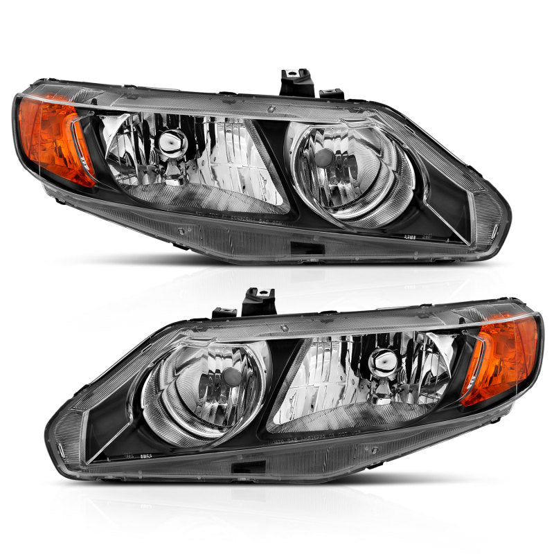 ANZO 2006-2011 Honda Civic 4 Door Crystal Headlight Black Amber (OE Replacement) - Burkken Auto Parts
