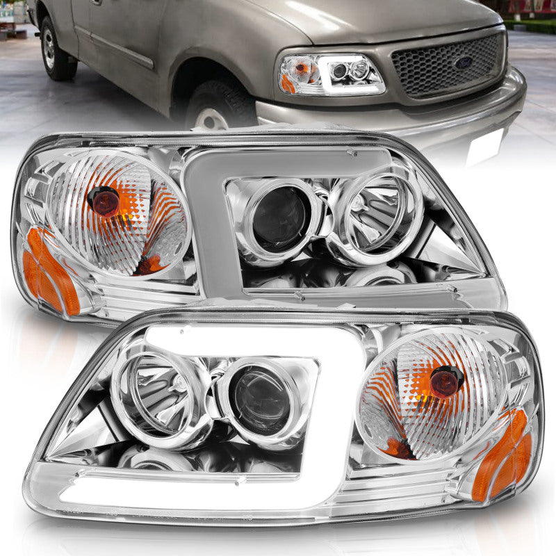 ANZO 1997-2003 Ford F-150 Projector Headlights w/ Light Bar Chrome Housing - Burkken Auto Parts