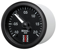 Autometer Stack 52mm -1 to +2 Bar T-Fitting 0.187in Barb (M) Mechanical Boost Pressure Gauge - Black - Burkken Auto Parts