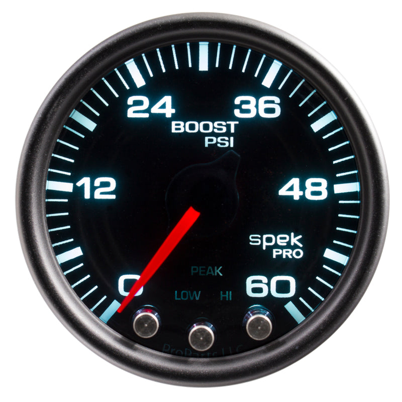 Autometer Spek-Pro Gauge Boost 2 1/16in 60psi Stepper Motor W/Peak & Warn Blk/Smoke/Black - Burkken Auto Parts