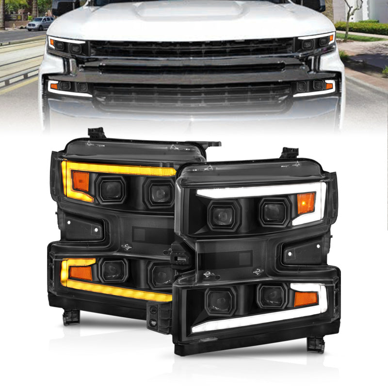 ANZO 19-22 Chevrolet Silverado 1500 LED Proj HL w/Lgt Bar SwBk Seq. Blk w/In. Light - Driver Side ON - Burkken Auto Parts