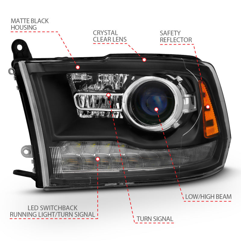 ANZO 2009-2018 Dodge Ram 1500 Projector Headlights Plank Style Halo w/Switchback Matte Black - Burkken Auto Parts