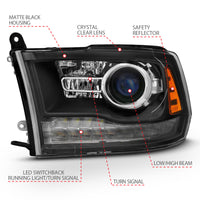 ANZO 2009-2018 Dodge Ram 1500 Projector Headlights Plank Style Halo w/Switchback Matte Black - Burkken Auto Parts