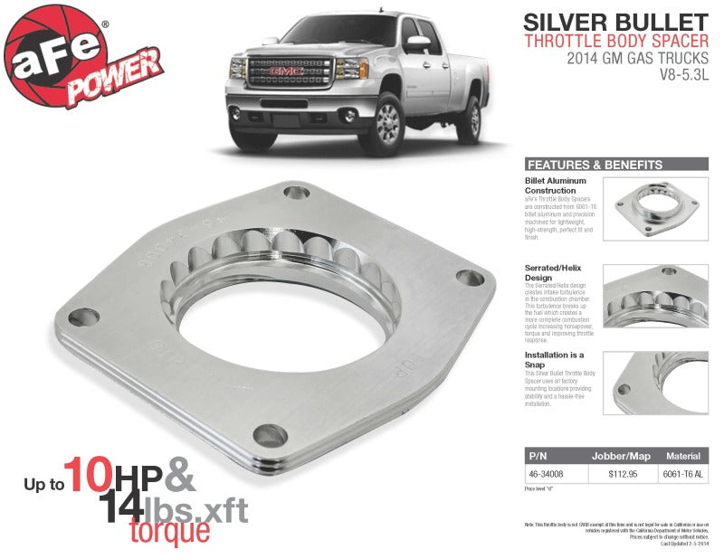 aFe Silver Bullet Throttle Body Spacers TBS 2014 GM Silverado/Sierra 1500 V8 5.3L - Burkken Auto Parts