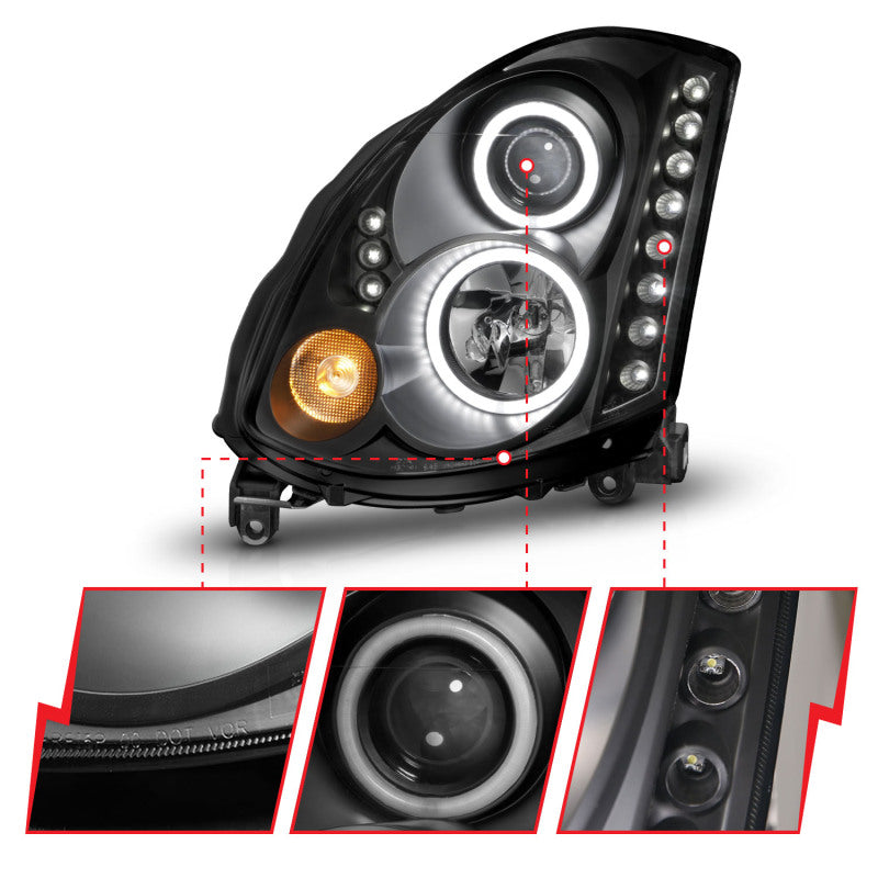 ANZO 2003-2007 Infiniti G35 Projector Headlights w/ Halo Black (CCFL) (HID Compatible) - Burkken Auto Parts