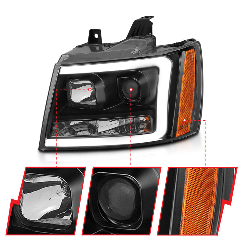 ANZO 07-14 Chevy Tahoe Projector Headlights w/ Plank Style Design Black w/ Amber - Burkken Auto Parts