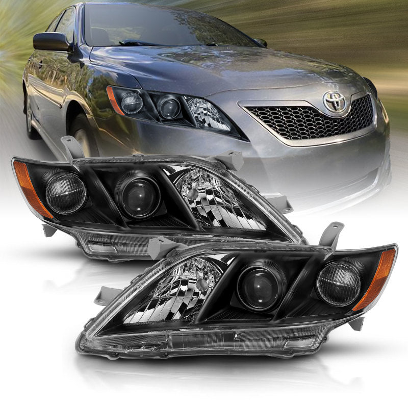 ANZO 2007-2009 Toyota Camry Projector Headlight Black Amber - Burkken Auto Parts