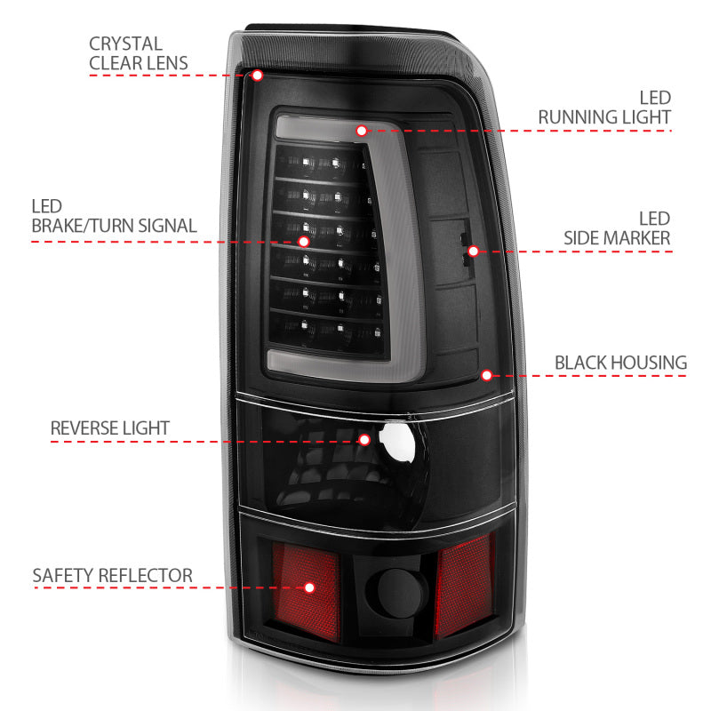 ANZO 1999-2002 Chevy Silverado 1500 LED Taillights Plank Style Black w/Clear Lens - Burkken Auto Parts