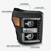 AlphaRex 11-16 Ford F-250 SD PRO-Series Projector Headlights Plank Style Design Black w/Seq Signal - Burkken Auto Parts