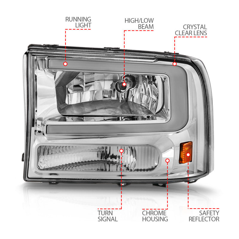 ANZO 99-04 Ford F250/F350/F450/Excursion (excl. 99) Crystal Headlights - w/ Light Bar Chrome Housing - Burkken Auto Parts