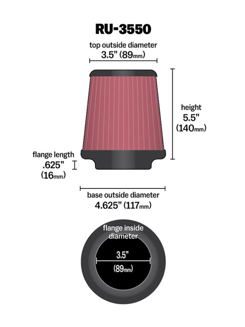 K&N Universal Rubber Filter 3 1/2 inch FLG / 4 5/8 inch Base / 3-1/2 inch Top / 5 1/2 inch Height - Burkken Auto Parts