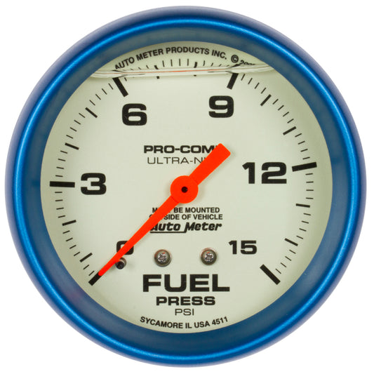Autometer Ultra-Nite 2-5/8in 15psi Mechanical Glow In The Dark Fuel Pressure Gauge - Burkken Auto Parts