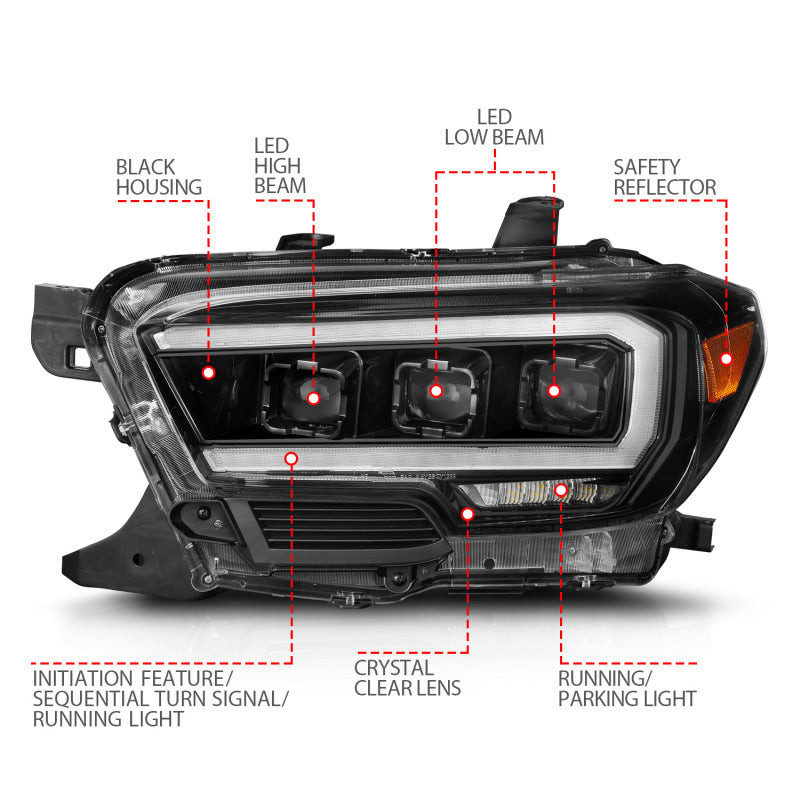 ANZO 16-22 Toyota Tacoma SR/SR5 ONLY Full LED Proj Headlights w/Light Bar Seq. Blk w/Initiation Lgt - Burkken Auto Parts