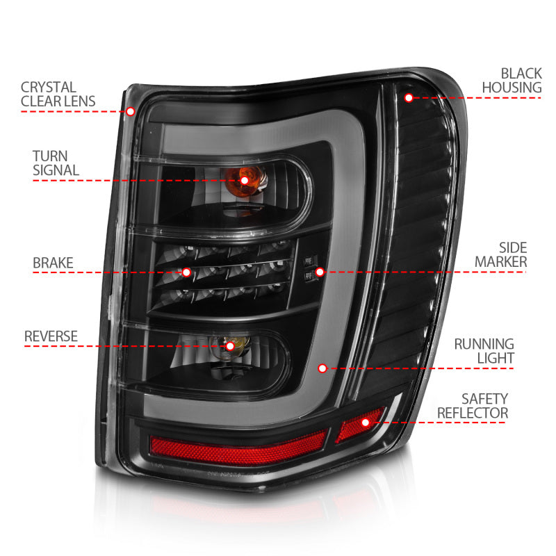 ANZO 1999-2004 Jeep Grand Cherokee LED Tail Lights w/ Light Bar Black Housing Clear Lens - Burkken Auto Parts