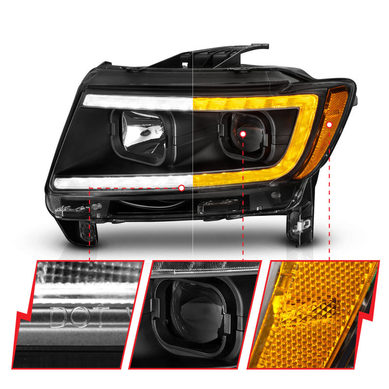 ANZO 11-13 Jeep Grand Cherokee (Factory Halogen Only) Projector Headlights w/Light Bar Swtchbk Black - Burkken Auto Parts