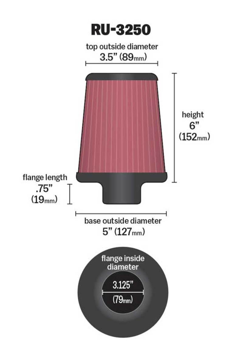 K&N Universal Tapered Filter 3.125in Flange ID x 5in Base OD x 3.5in Top OD x 6in Height - Burkken Auto Parts
