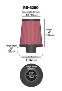 K&N Universal Tapered Filter 3.125in Flange ID x 5in Base OD x 3.5in Top OD x 6in Height - Burkken Auto Parts