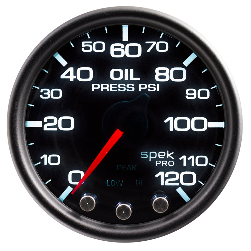 Autometer Spek-Pro Gauge Oil Press 2 1/16in 120psi Stepper Motor W/Peak & Warn Blk/Smoke/Blk - Burkken Auto Parts