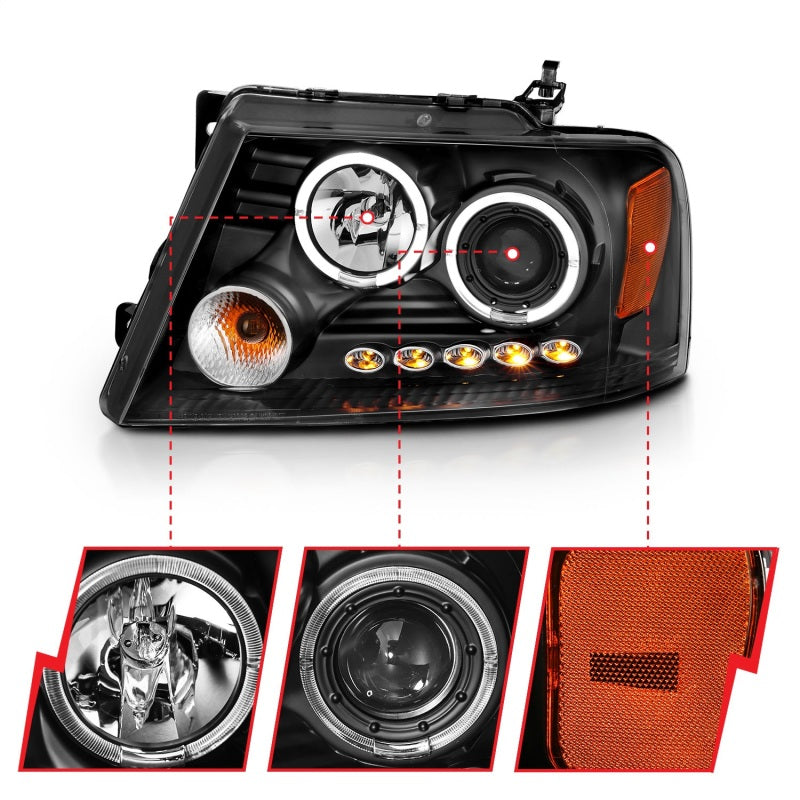 ANZO 2004-2008 Ford F-150 Projector Headlights w/ Halo and LED Black G2 - Burkken Auto Parts