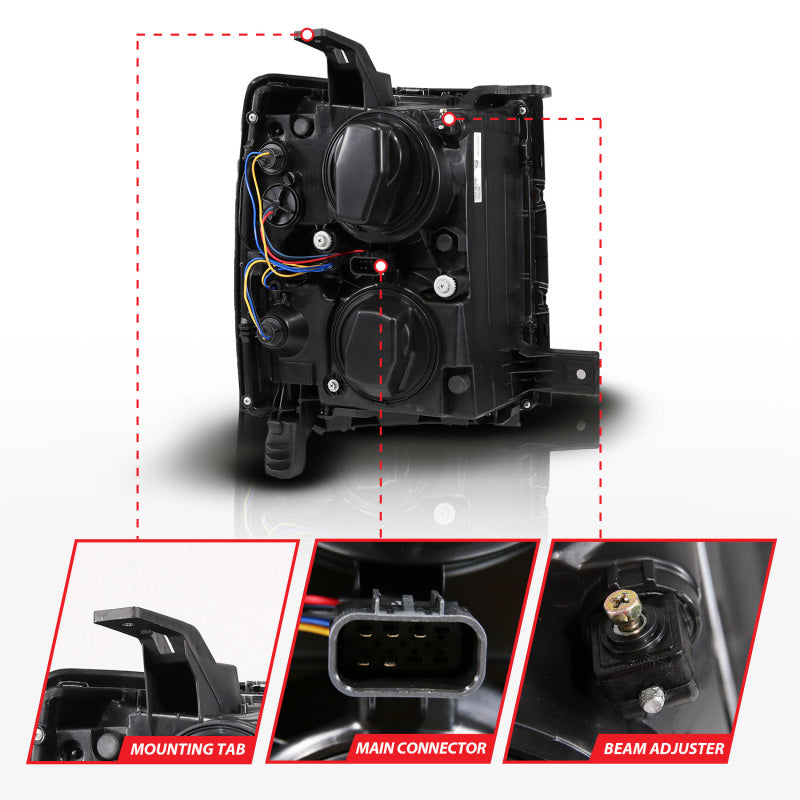 ANZO 14-15 Chevy Silverado 1500 Black Dual Switchback+Sequential LED Tube Sq. Projector Headlights - Burkken Auto Parts