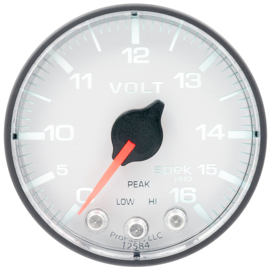 Autometer Spek-Pro Gauge Voltmeter 2 1/16in 16V Stepper Motor W/Peak & Warn Wht/Blk - Burkken Auto Parts