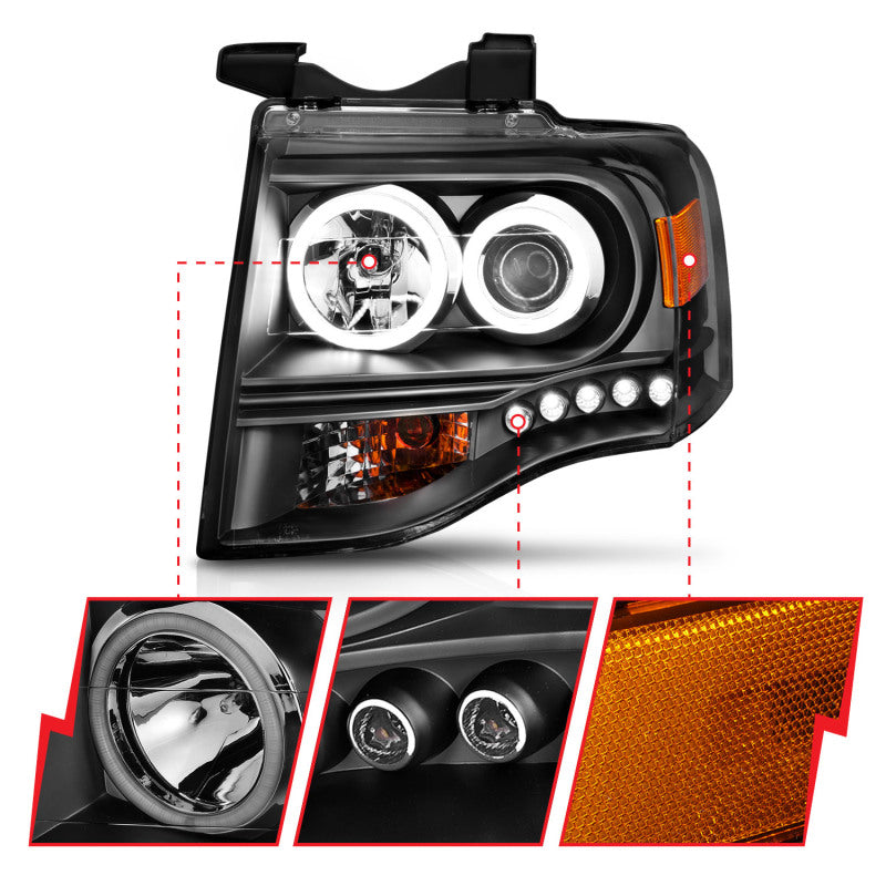 ANZO 2007-2014 Ford Expedition Projector Headlights w/ Halo Black - Burkken Auto Parts