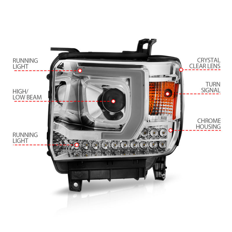 ANZO 14-15 GMC Sierra 1500/2500HD/3500HD Plank Style Projector Headlight - Chrome Housing - Burkken Auto Parts