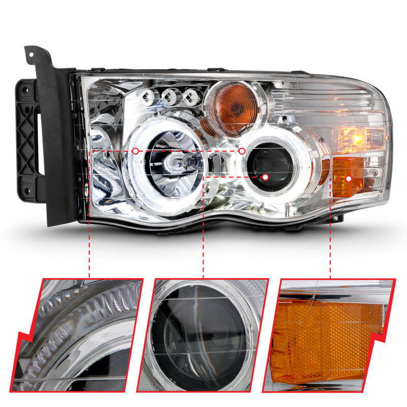ANZO 2002-2005 Dodge Ram 1500 Projector Headlights w/ Halo Chrome Clear Amber - Burkken Auto Parts