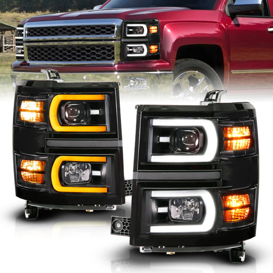 ANZO 14-15 Chevy Silverado 1500 Black Dual Switchback+Sequential LED Tube Sq. Projector Headlights - Burkken Auto Parts