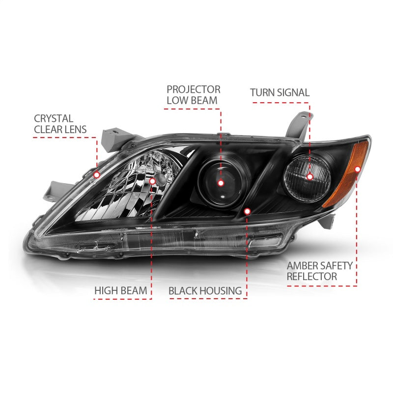 ANZO 2007-2009 Toyota Camry Projector Headlight Black Amber - Burkken Auto Parts